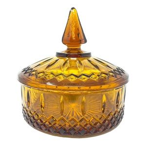 VINTAGE Round Amber Indiana Glass Covered Candy Dish